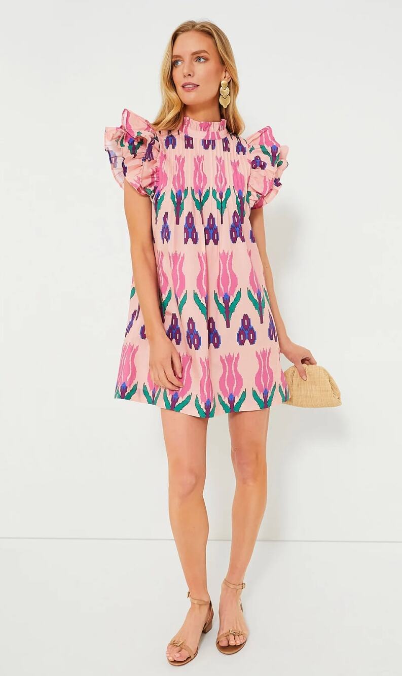 OLIPHANT Tuckernuck Sumba Pink Ikat Print Pintuck Flirty Short Ruffle Dress S